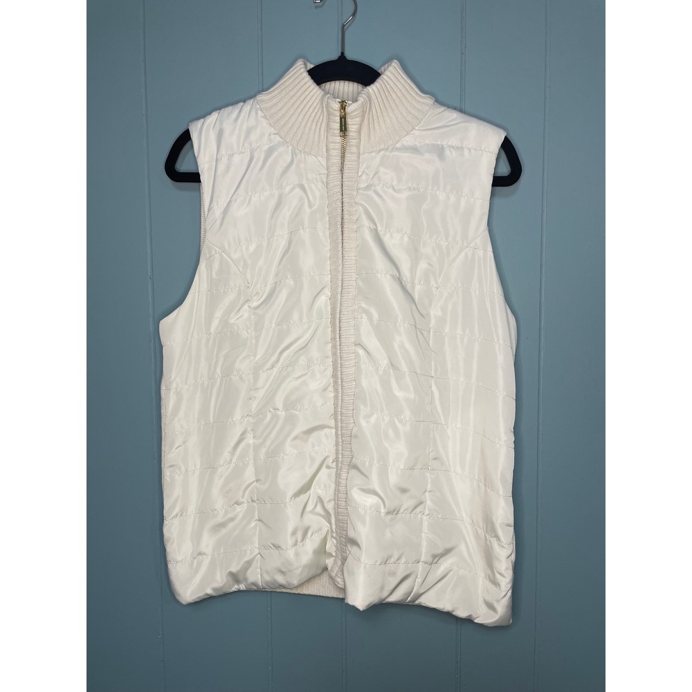Michael Kors Women Cream Mixed Media Quilted Puffer Knit Back Vest Large Zip Up